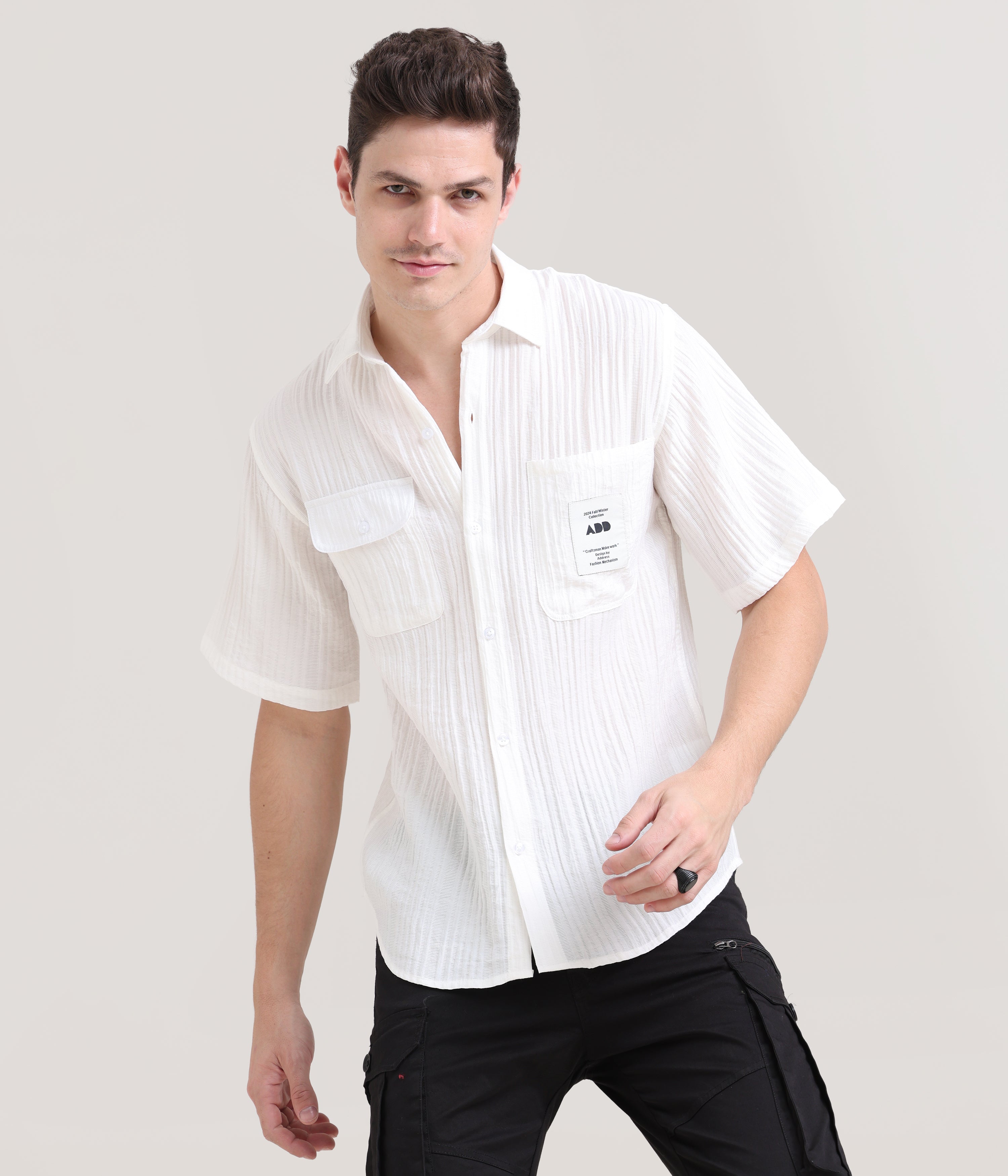Snowy Comfort: Solid White Oversized Half Sleeve Double Pocket Shirt –  Address Apparels