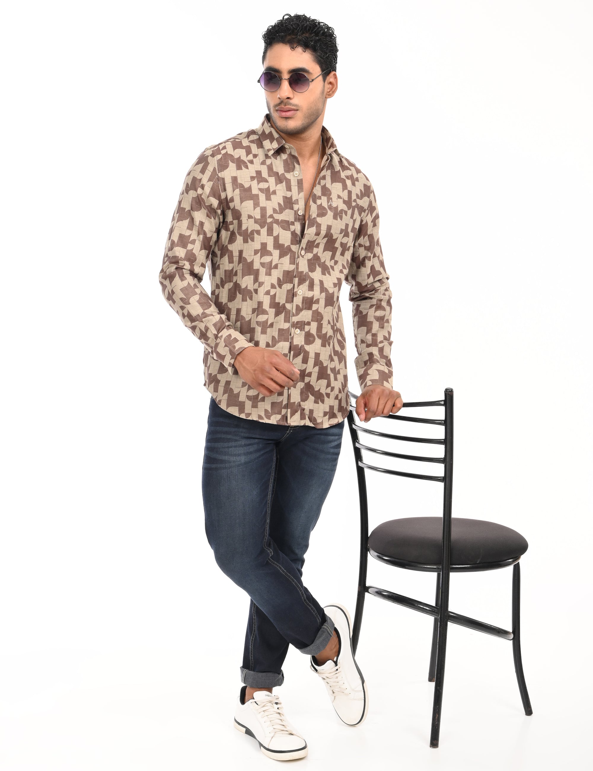 Brown Printed Tapered Fit Full Sleeve Shirt