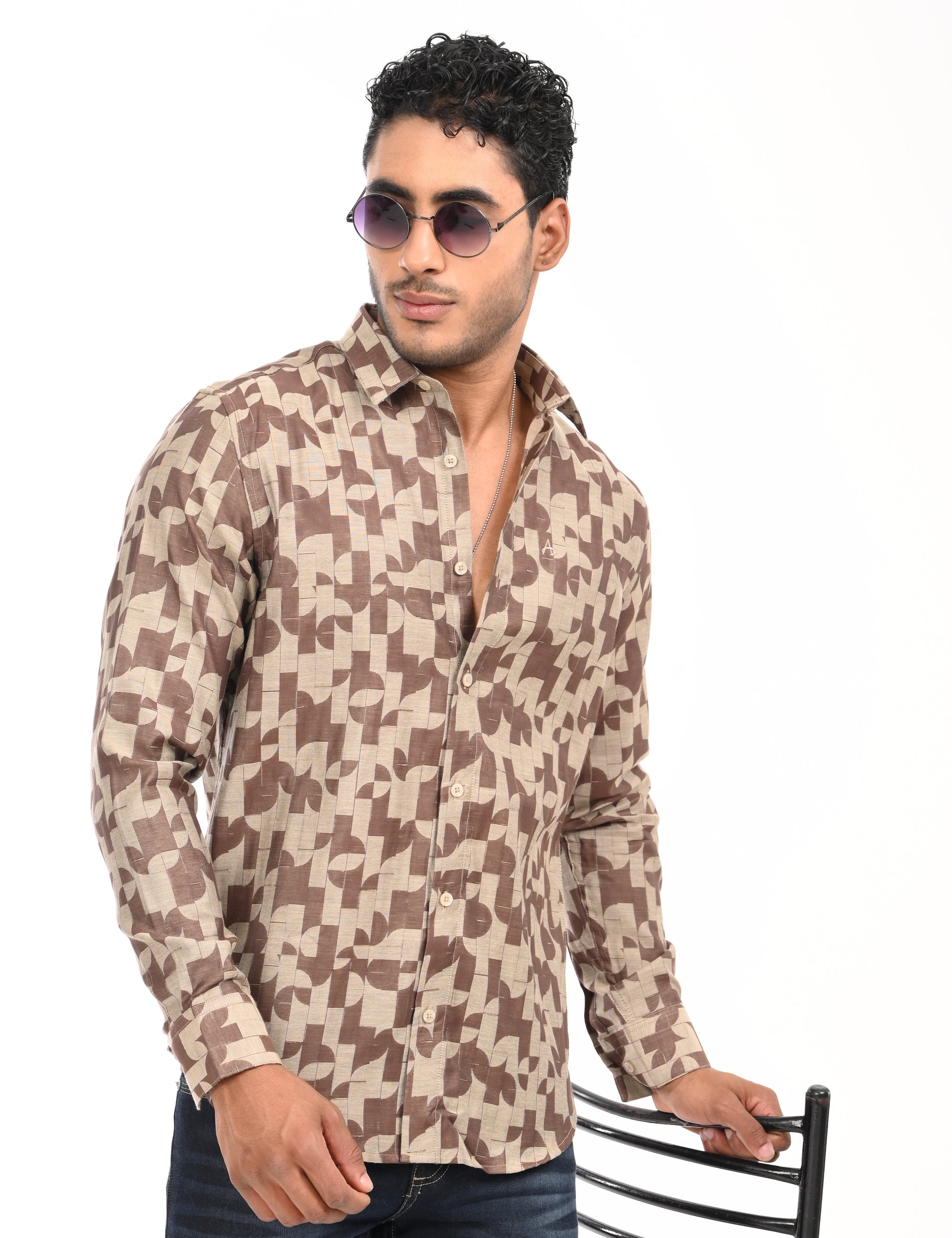 Brown Printed Tapered Fit Full Sleeve Shirt