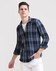 Midnight Gridlock: Checkered Navy Blue Slim Fit Shirt