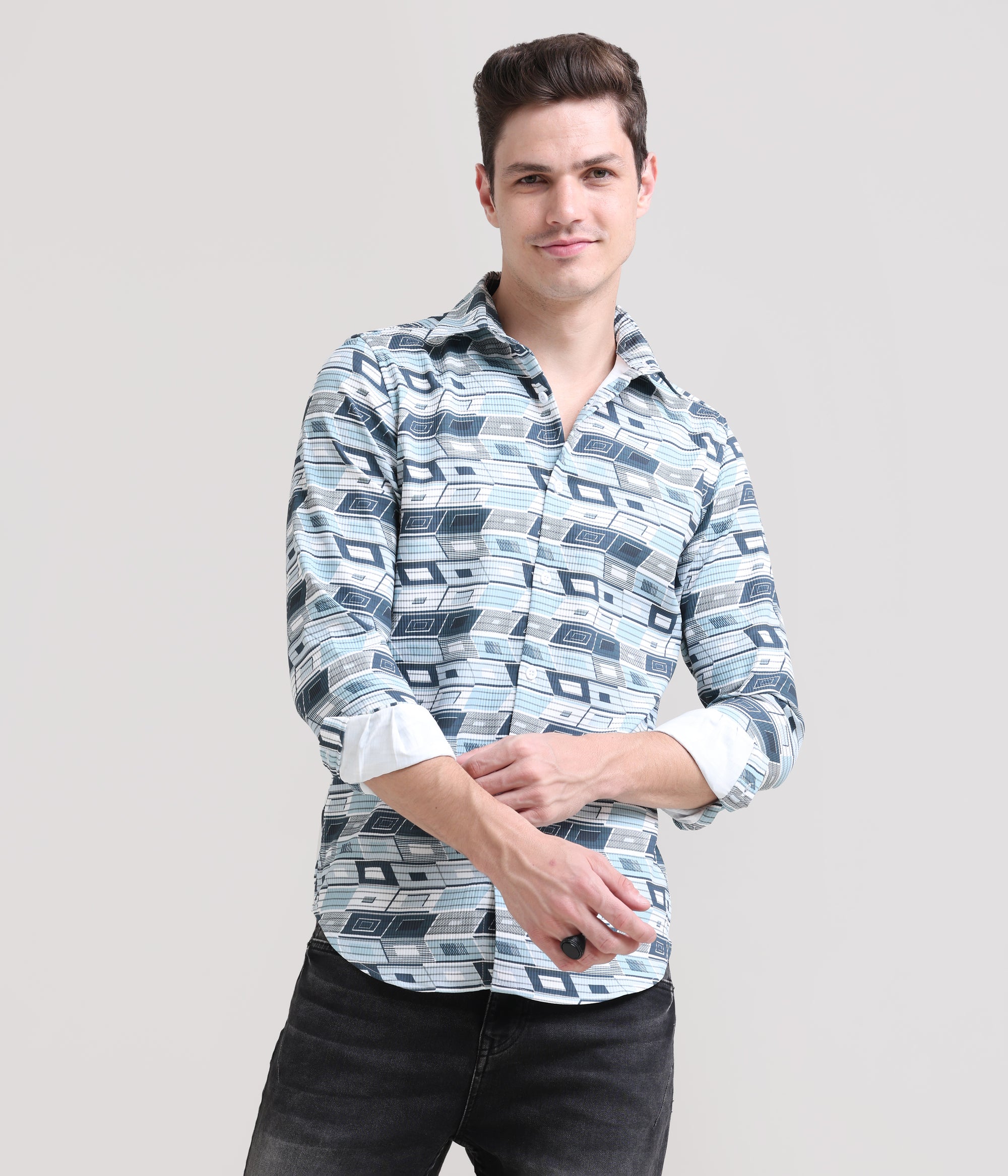 Pastel Breeze: Printed Mint Blue Tapered Fit Shirt