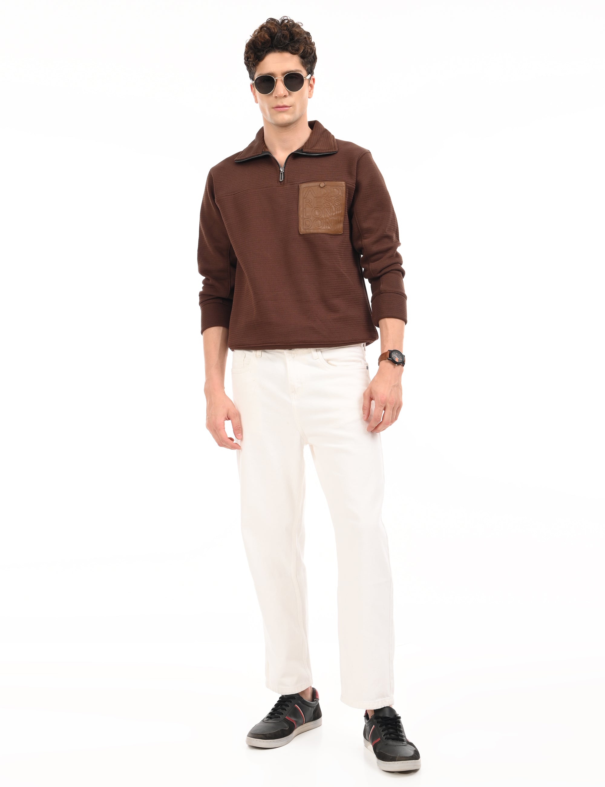 Turtle Neck Zip Coffee Brown Full Sleeve Sweatshirt