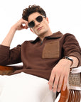 Turtle Neck Zip Coffee Brown Full Sleeve Sweatshirt