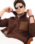 Turtle Neck Zip Coffee Brown Full Sleeve Sweatshirt