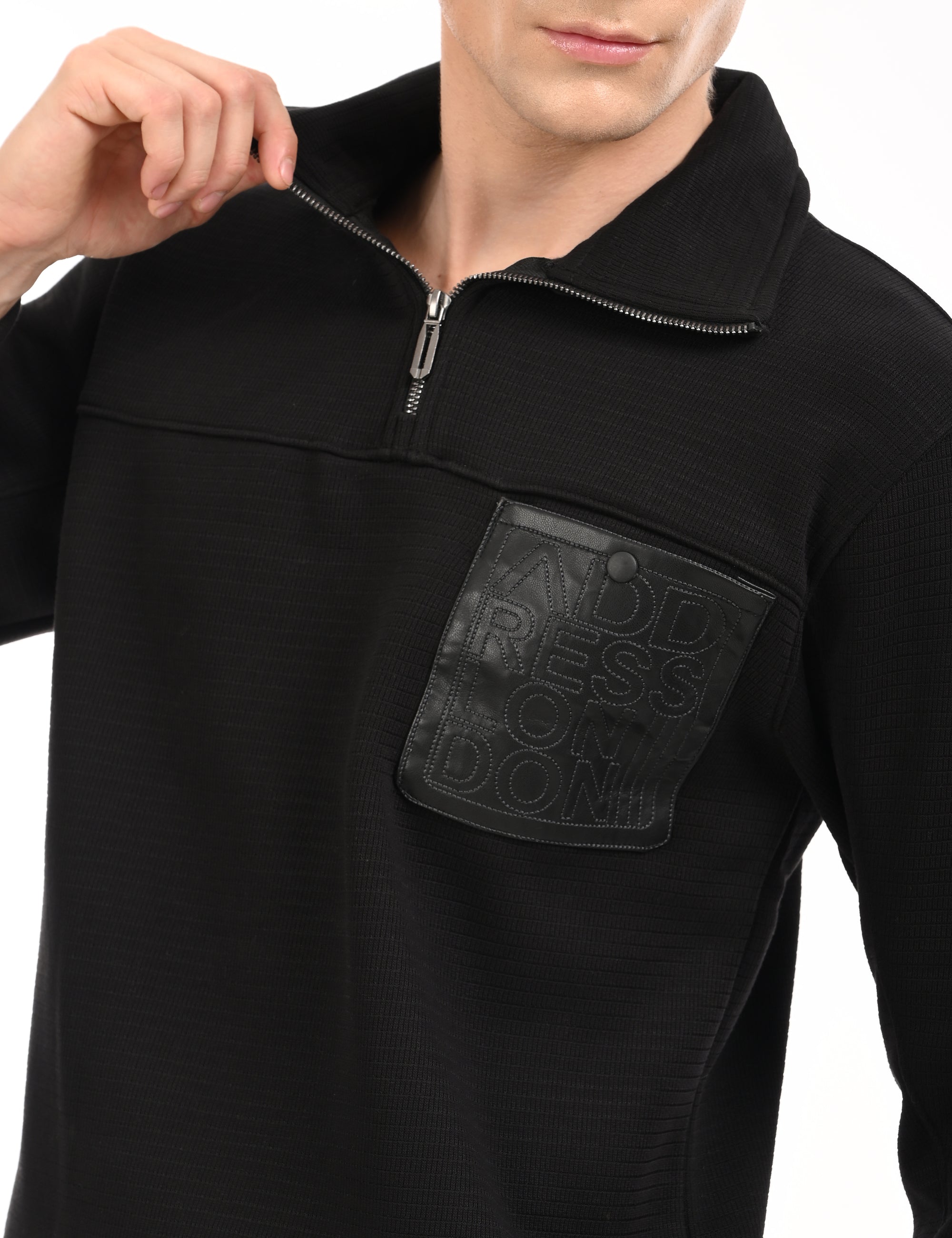 Zipper High Neck Black Full Sleeve Sweatshirt