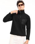 Zipper High Neck Black Full Sleeve Sweatshirt