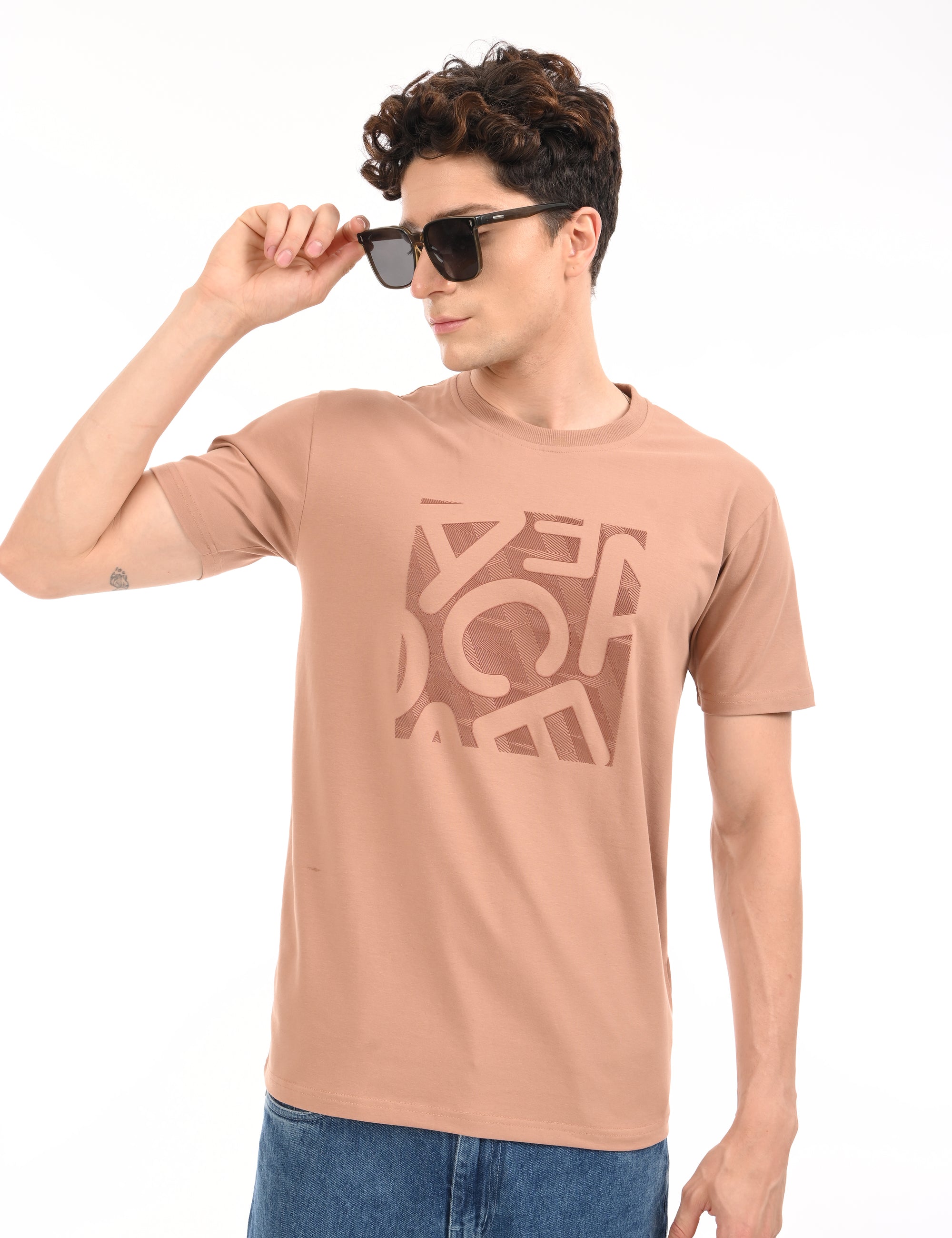 Round Neck Half Sleeve Regular Fit Light Brown T shirt