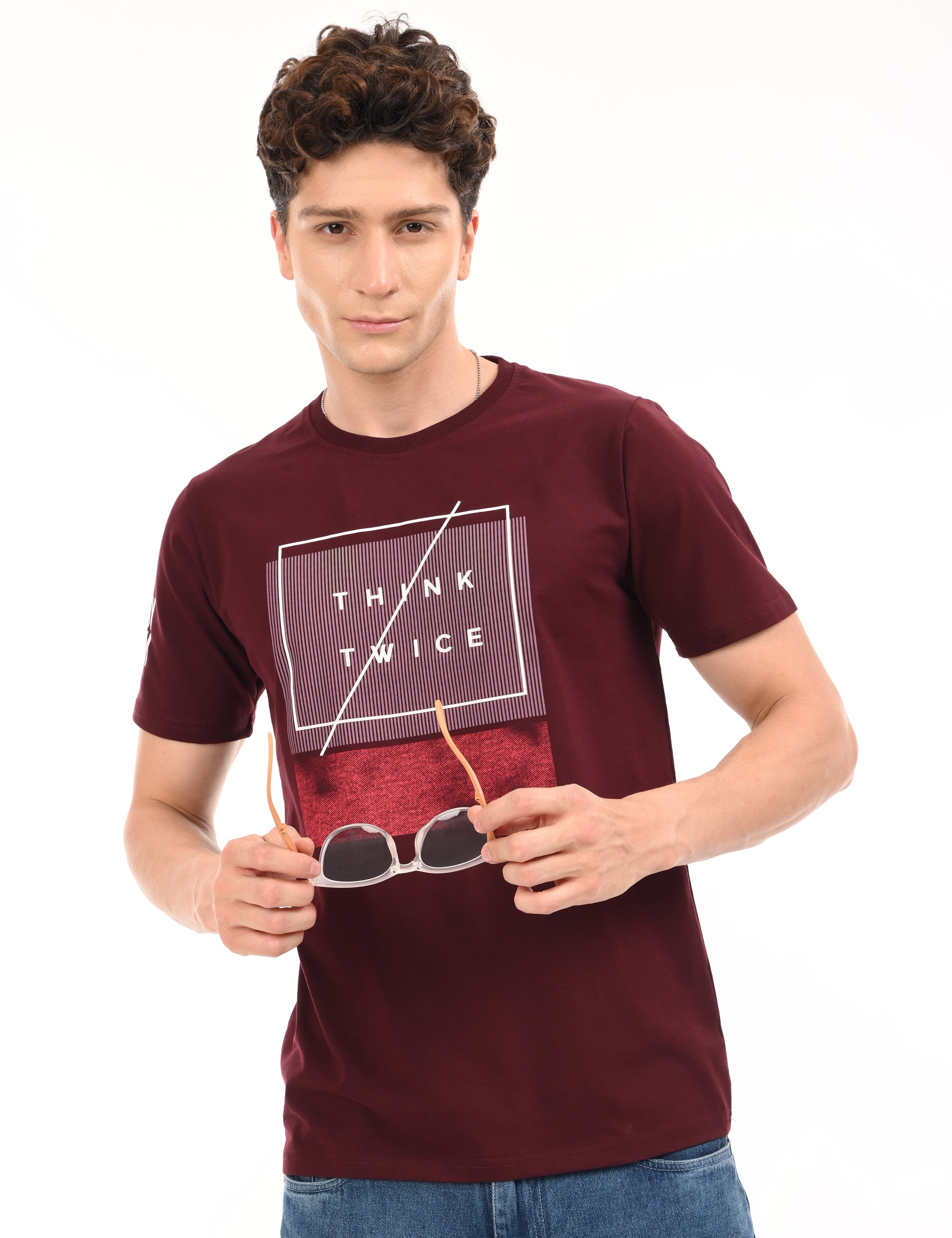 Round Neck Half Sleeve Regular Fit Wine Red T shirt