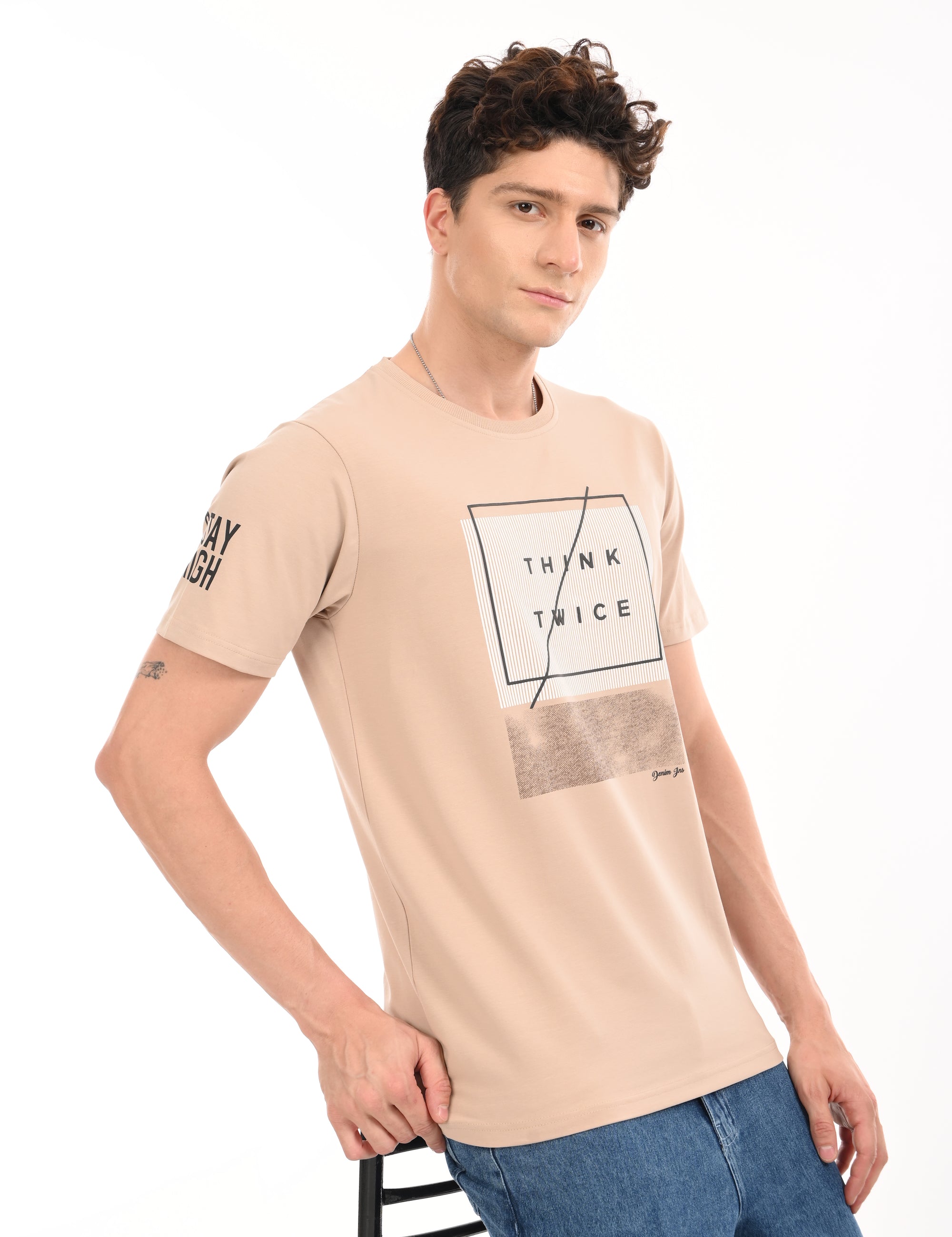 Round Neck Half Sleeve Regular Fit Beige T shirt