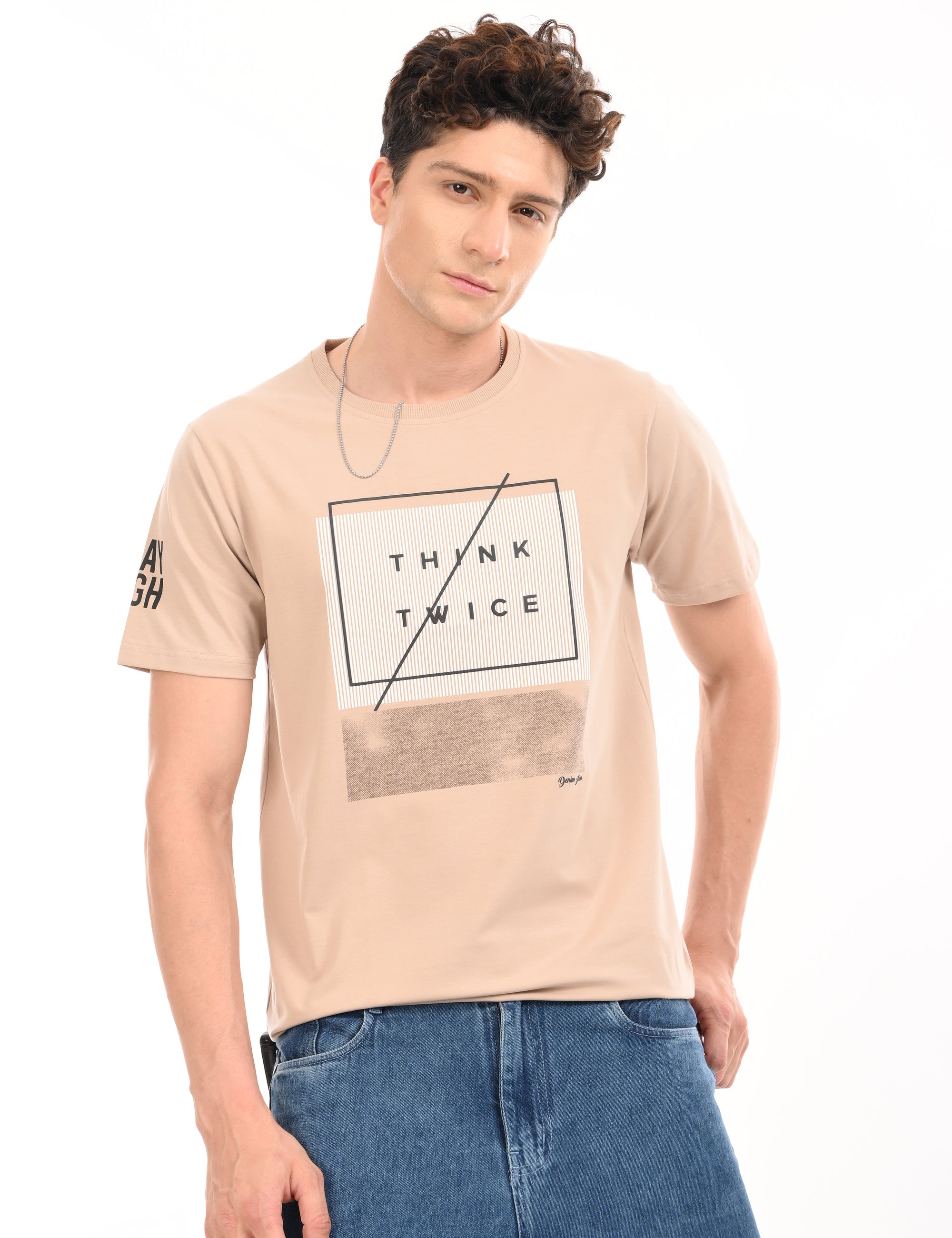 Round Neck Half Sleeve Regular Fit Beige T shirt