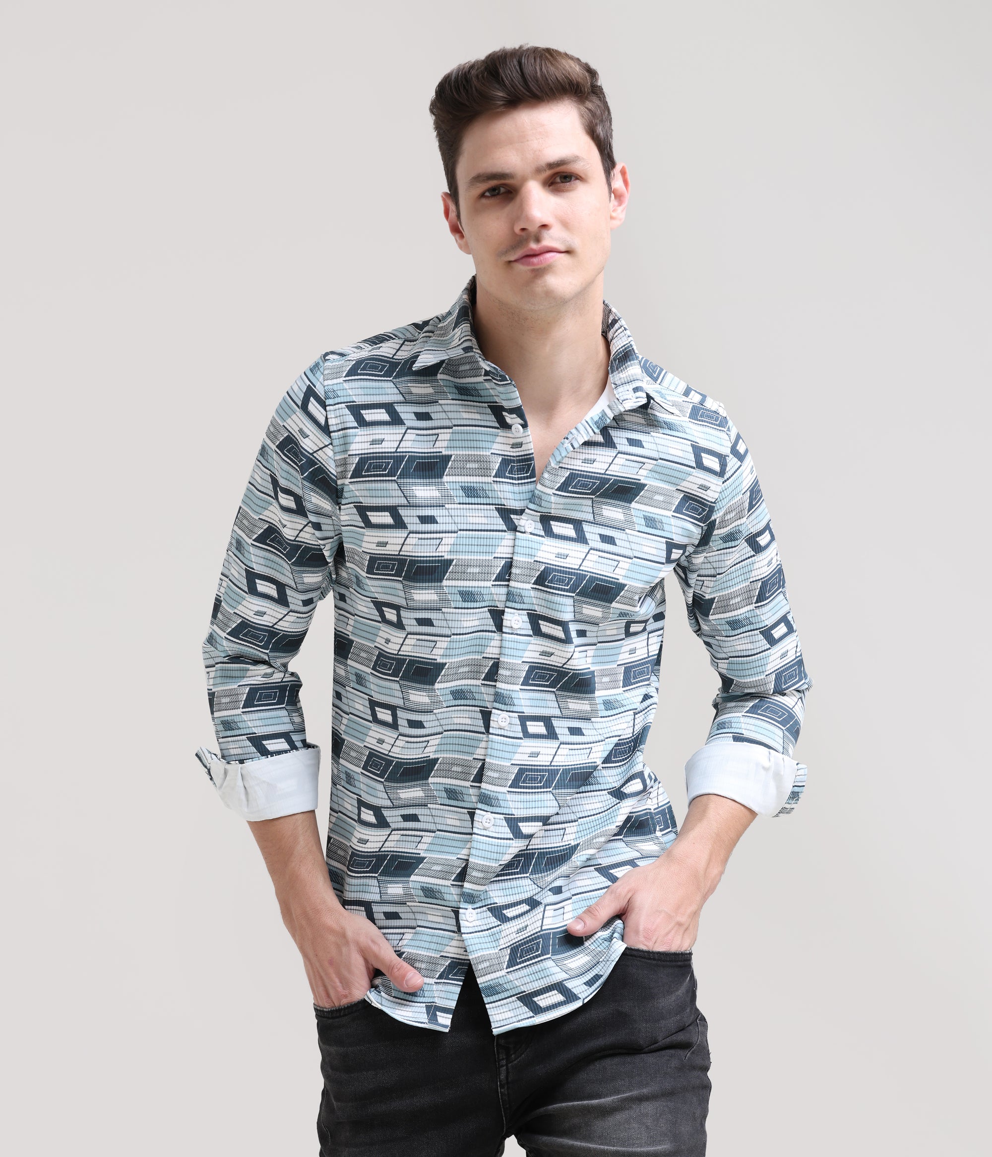 Pastel Breeze: Printed Mint Blue Tapered Fit Shirt