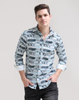 Pastel Breeze: Printed Mint Blue Tapered Fit Shirt