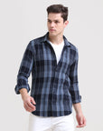 Midnight Gridlock: Checkered Navy Blue Slim Fit Shirt