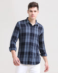 Midnight Gridlock: Checkered Navy Blue Slim Fit Shirt