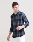 Midnight Gridlock: Checkered Navy Blue Slim Fit Shirt