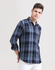 Midnight Gridlock: Checkered Navy Blue Slim Fit Shirt