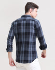 Midnight Gridlock: Checkered Navy Blue Slim Fit Shirt