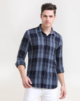 Midnight Gridlock: Checkered Navy Blue Slim Fit Shirt