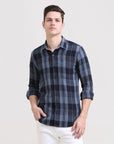 Midnight Gridlock: Checkered Navy Blue Slim Fit Shirt