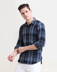 Midnight Gridlock: Checkered Navy Blue Slim Fit Shirt