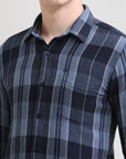 Midnight Gridlock: Checkered Navy Blue Slim Fit Shirt