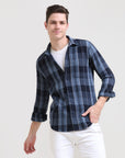 Midnight Gridlock: Checkered Navy Blue Slim Fit Shirt