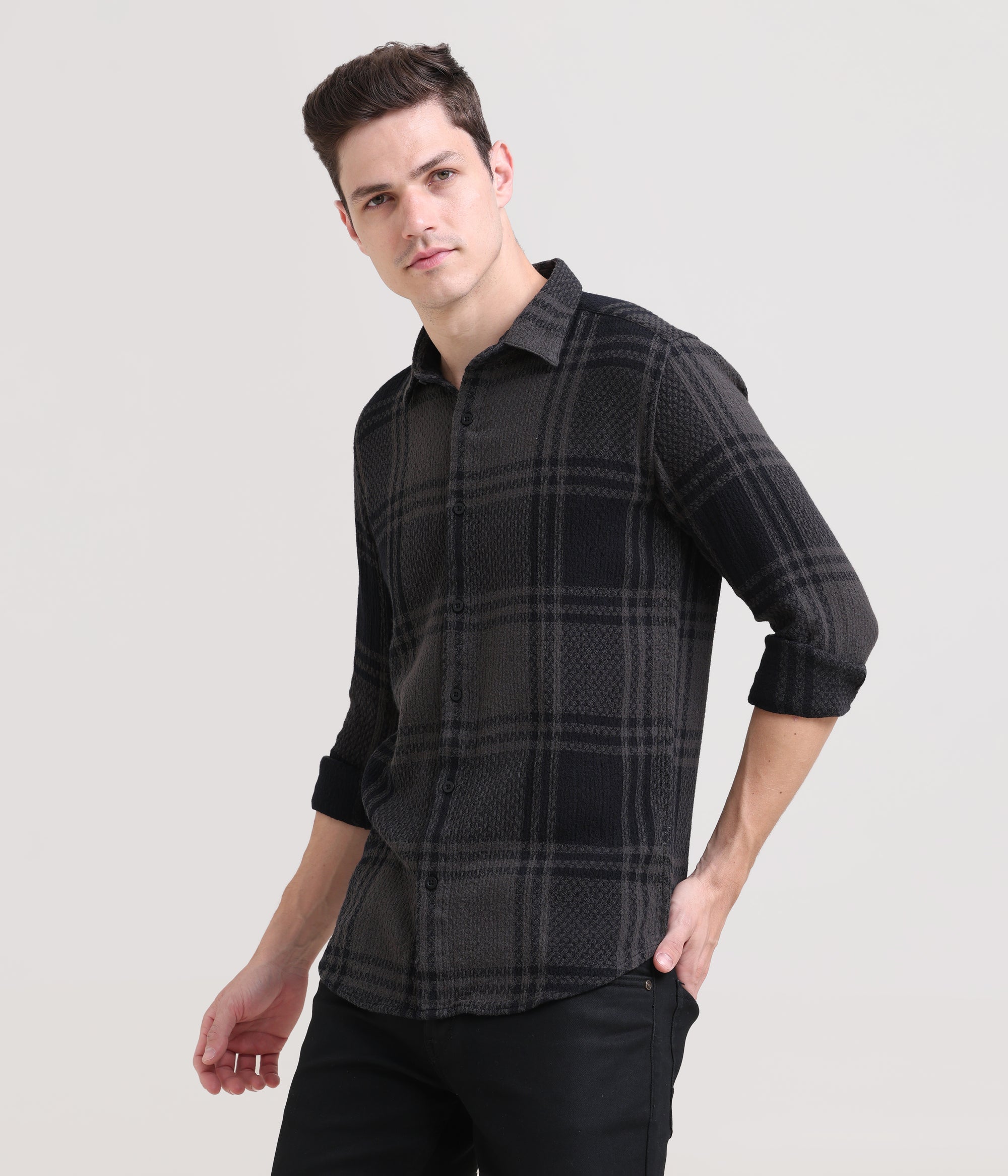 Charcoal Crossroads: Checkered Dark Grey Slim Fit Shirt