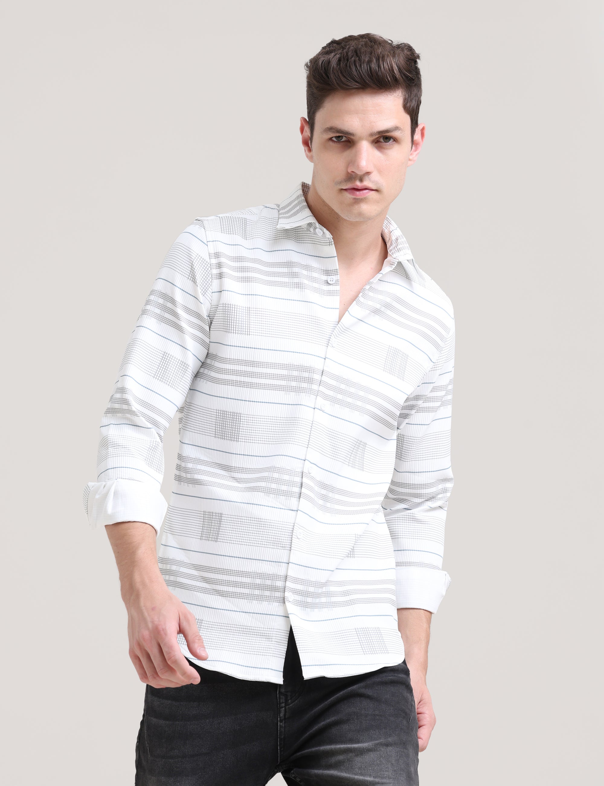 Sandstorm Style: Printed Beige Tapered Fit Shirt