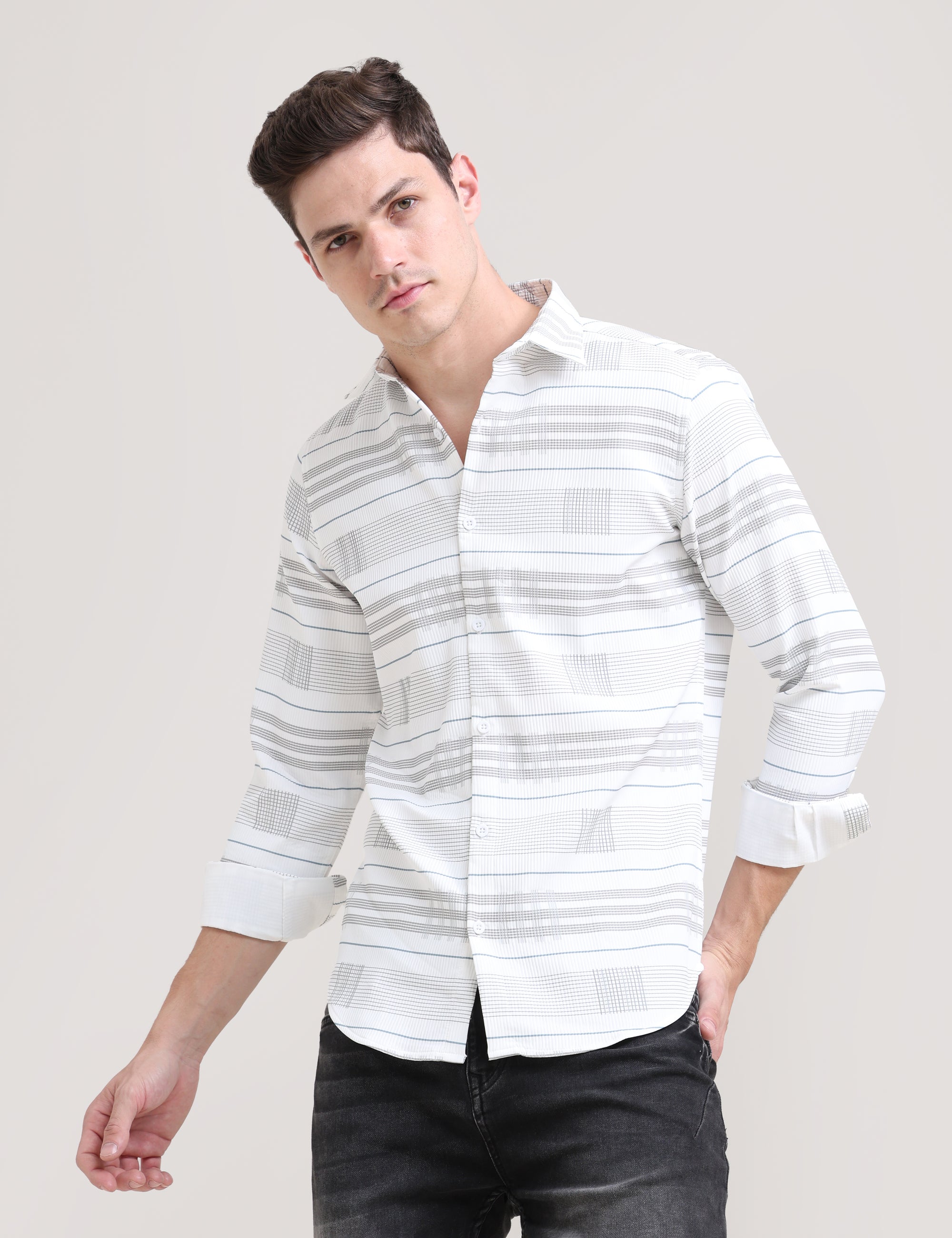 Sandstorm Style: Printed Beige Tapered Fit Shirt