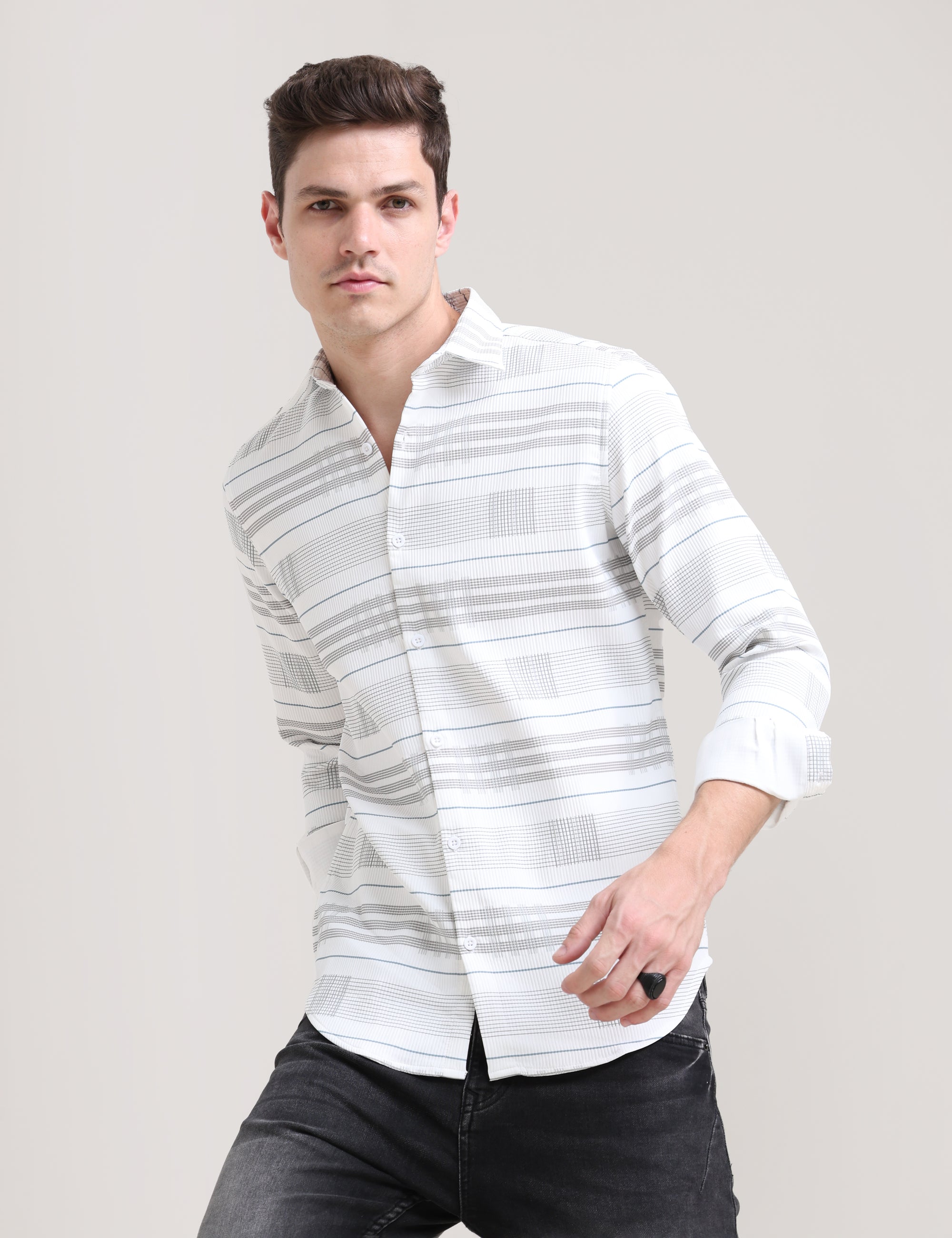 Sandstorm Style: Printed Beige Tapered Fit Shirt