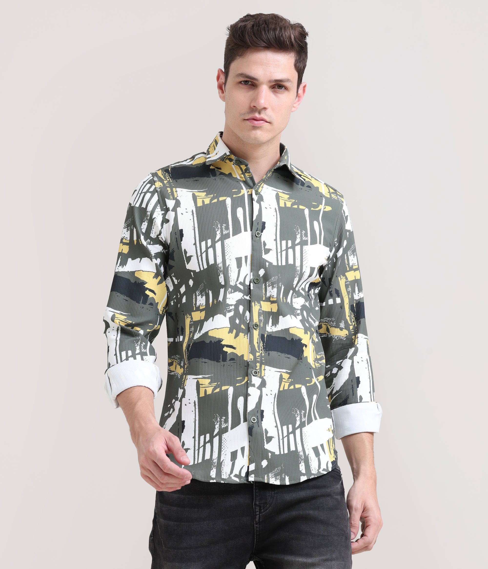 Olive Oasis: Printed Tapered Fit Full Sleeve Shirt