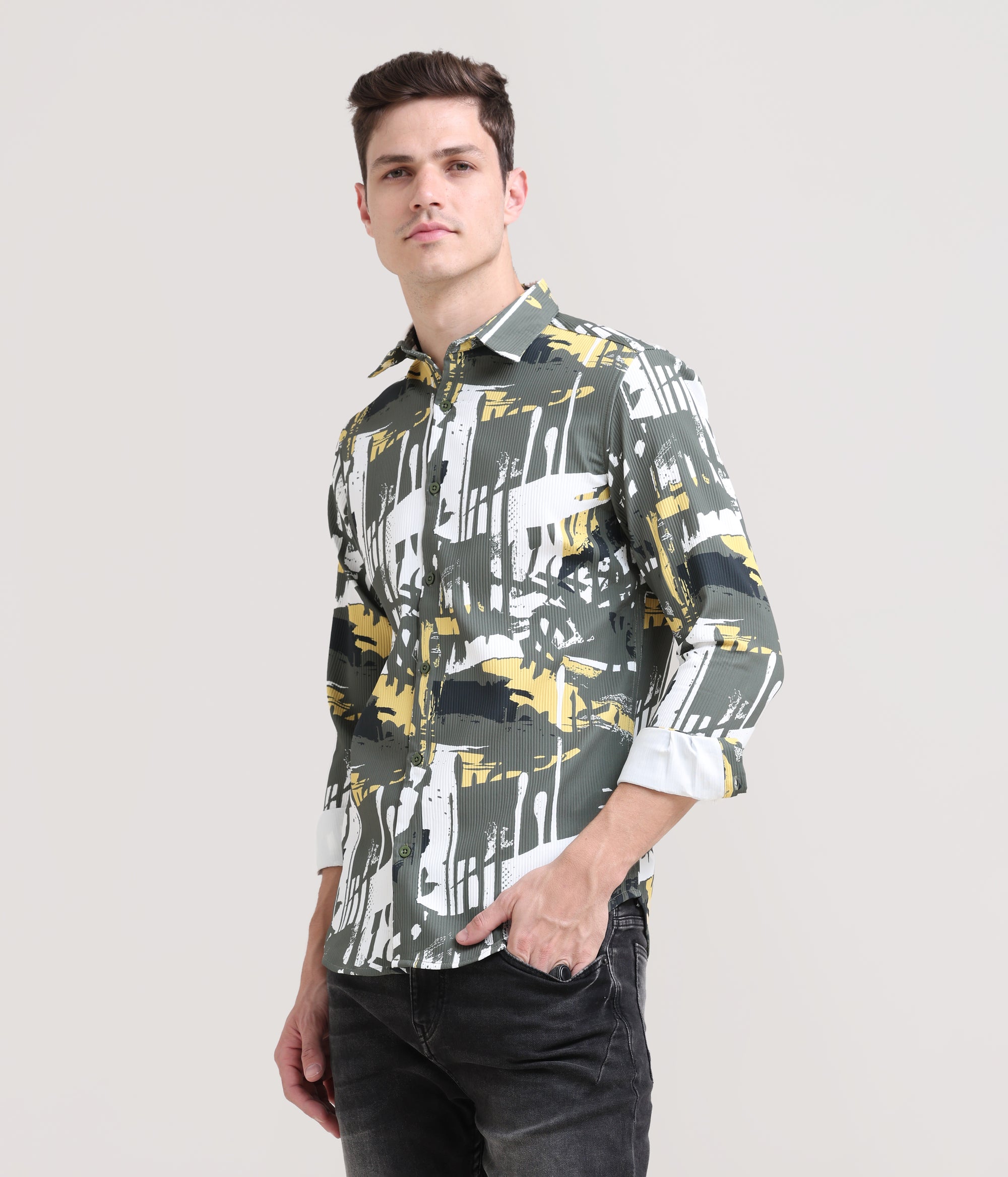 Olive Oasis: Printed Tapered Fit Full Sleeve Shirt