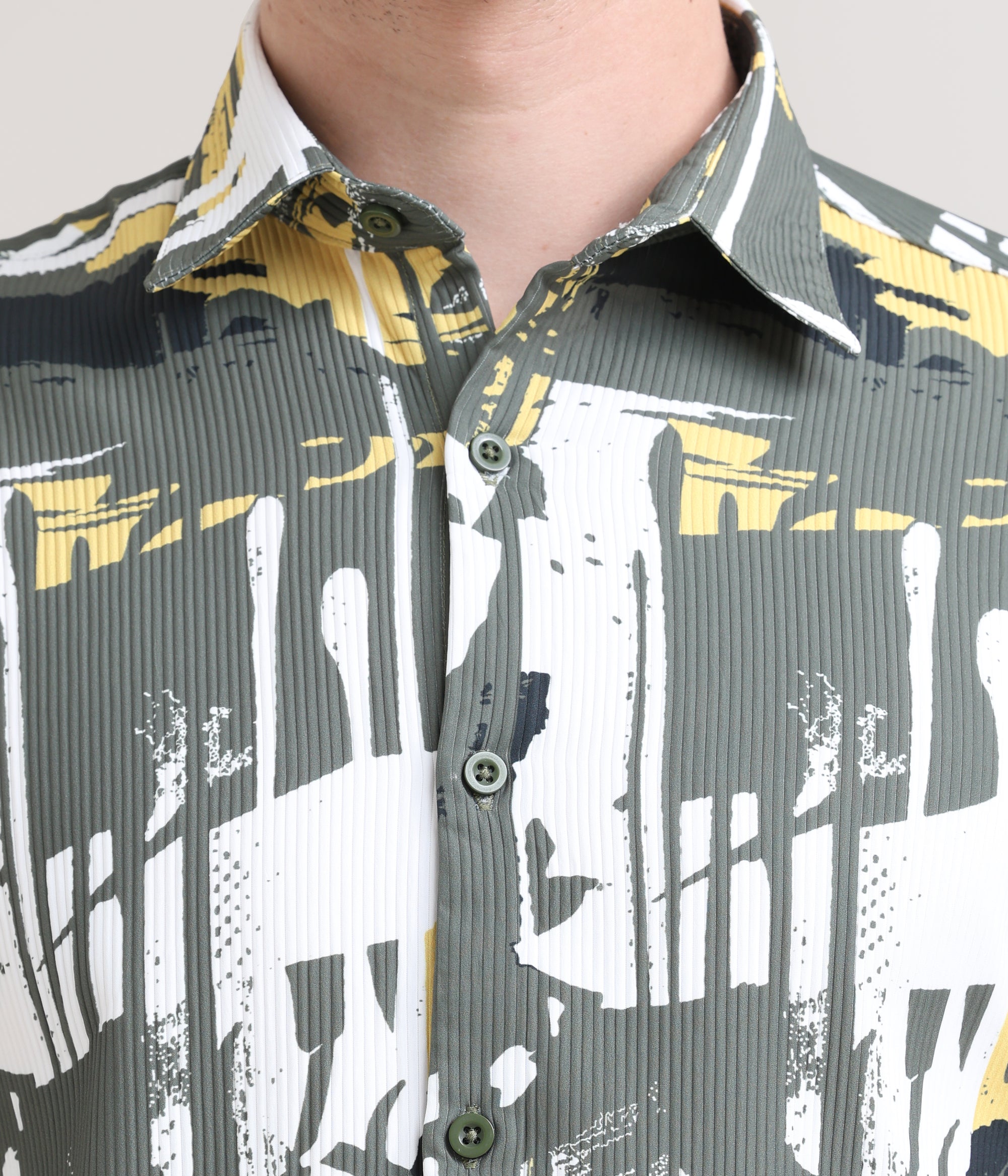 Olive Oasis: Printed Tapered Fit Full Sleeve Shirt