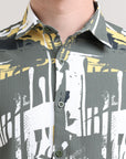 Olive Oasis: Printed Tapered Fit Full Sleeve Shirt