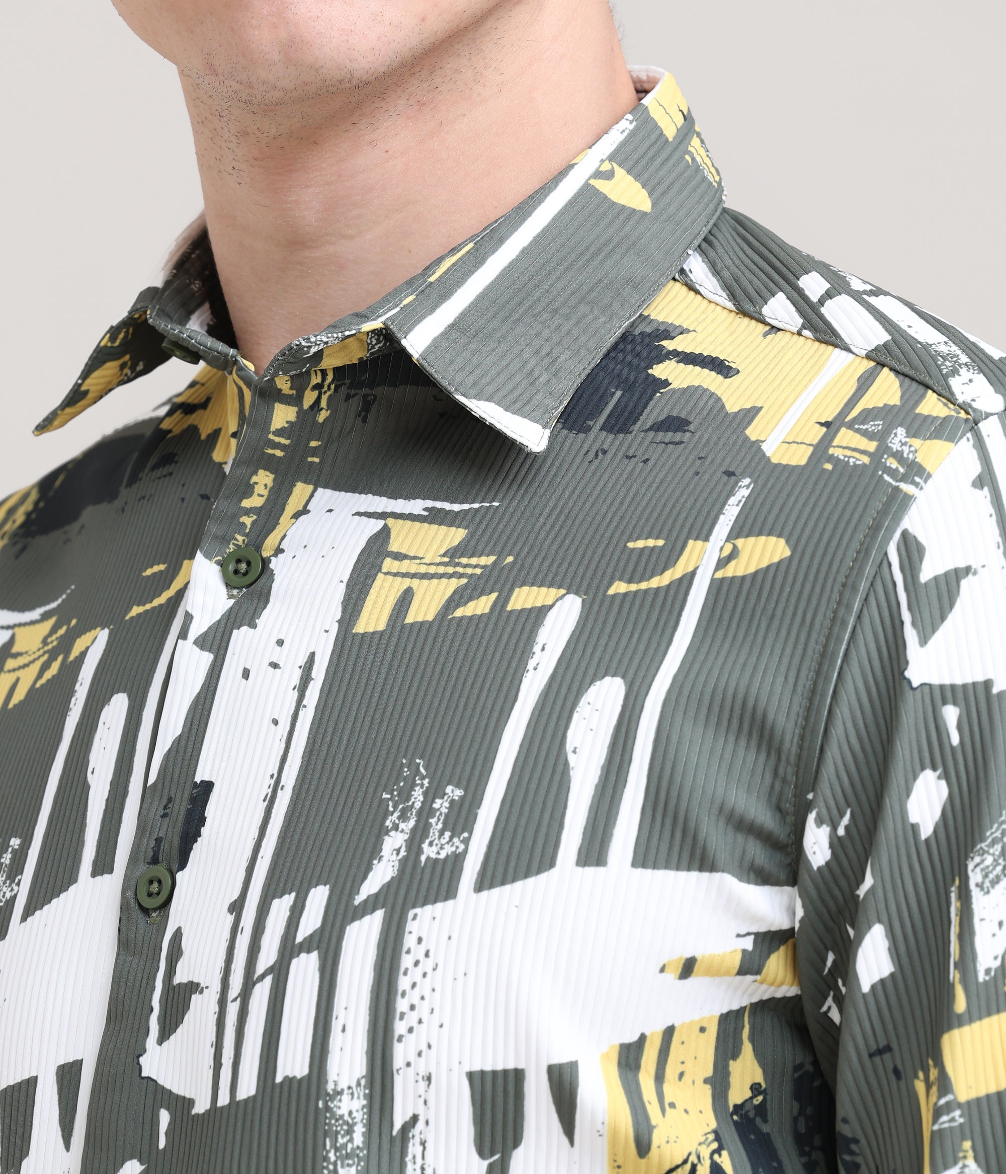 Olive Oasis: Printed Tapered Fit Full Sleeve Shirt