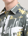 Olive Oasis: Printed Tapered Fit Full Sleeve Shirt