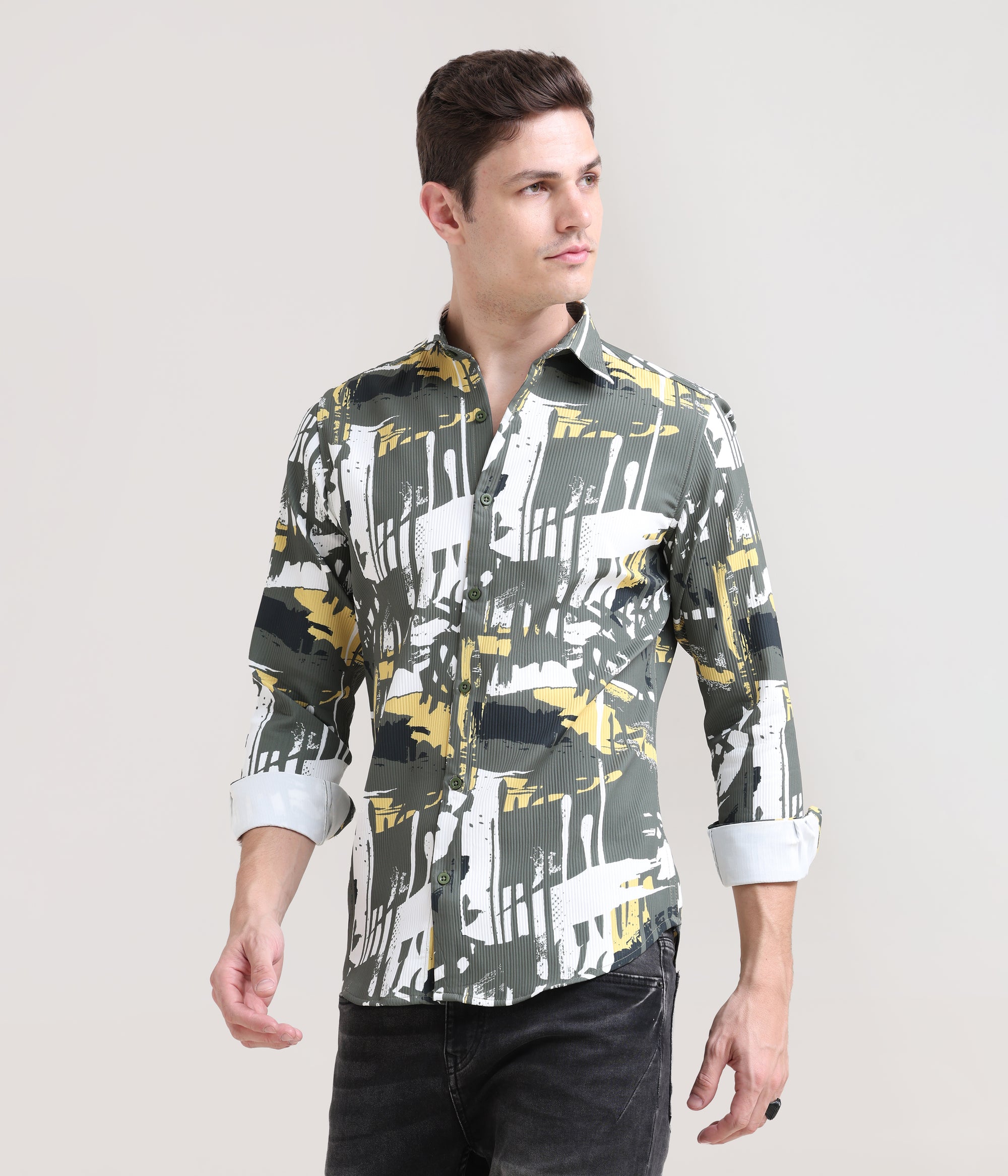 Olive Oasis: Printed Tapered Fit Full Sleeve Shirt