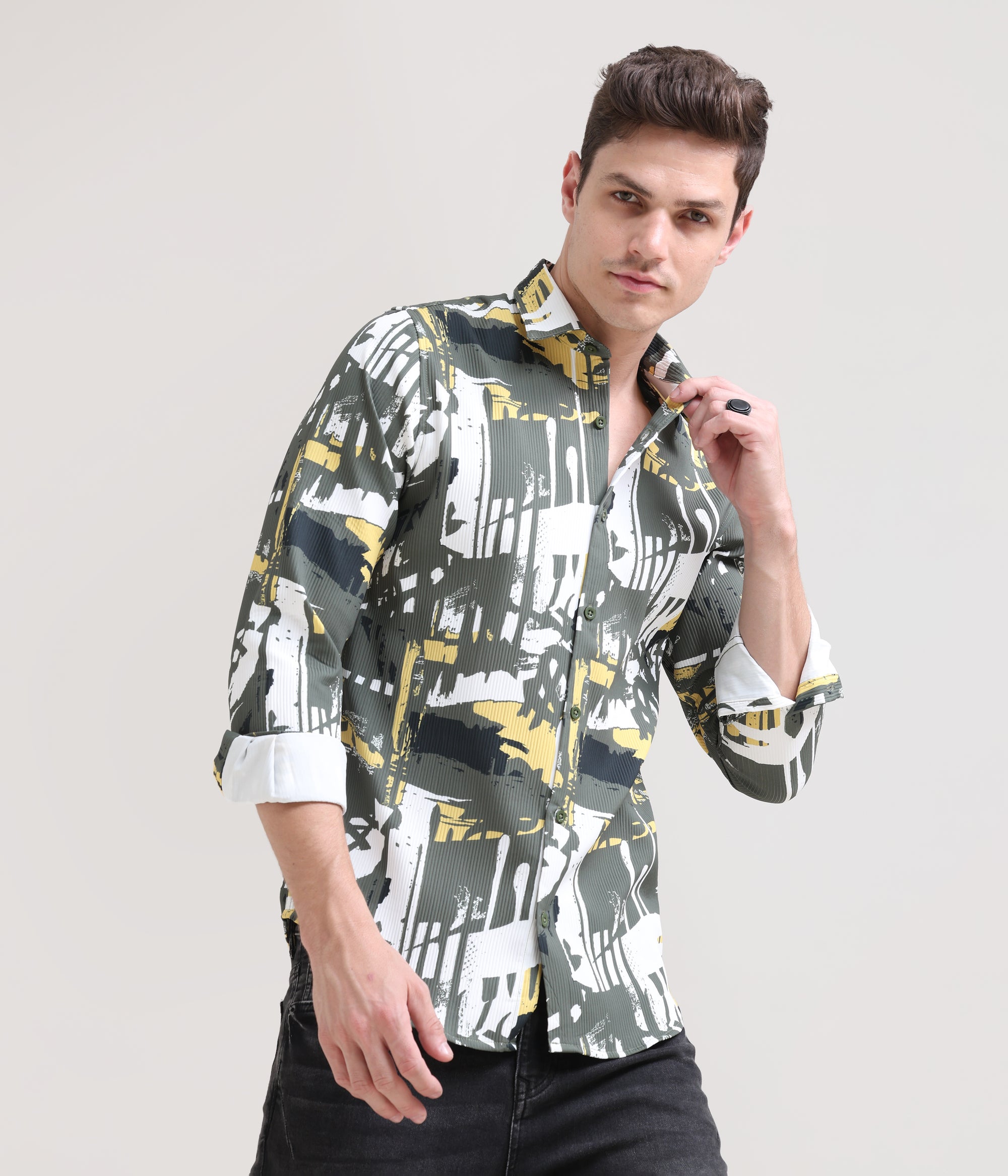 Olive Oasis: Printed Tapered Fit Full Sleeve Shirt