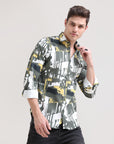 Olive Oasis: Printed Tapered Fit Full Sleeve Shirt