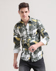 Olive Oasis: Printed Tapered Fit Full Sleeve Shirt