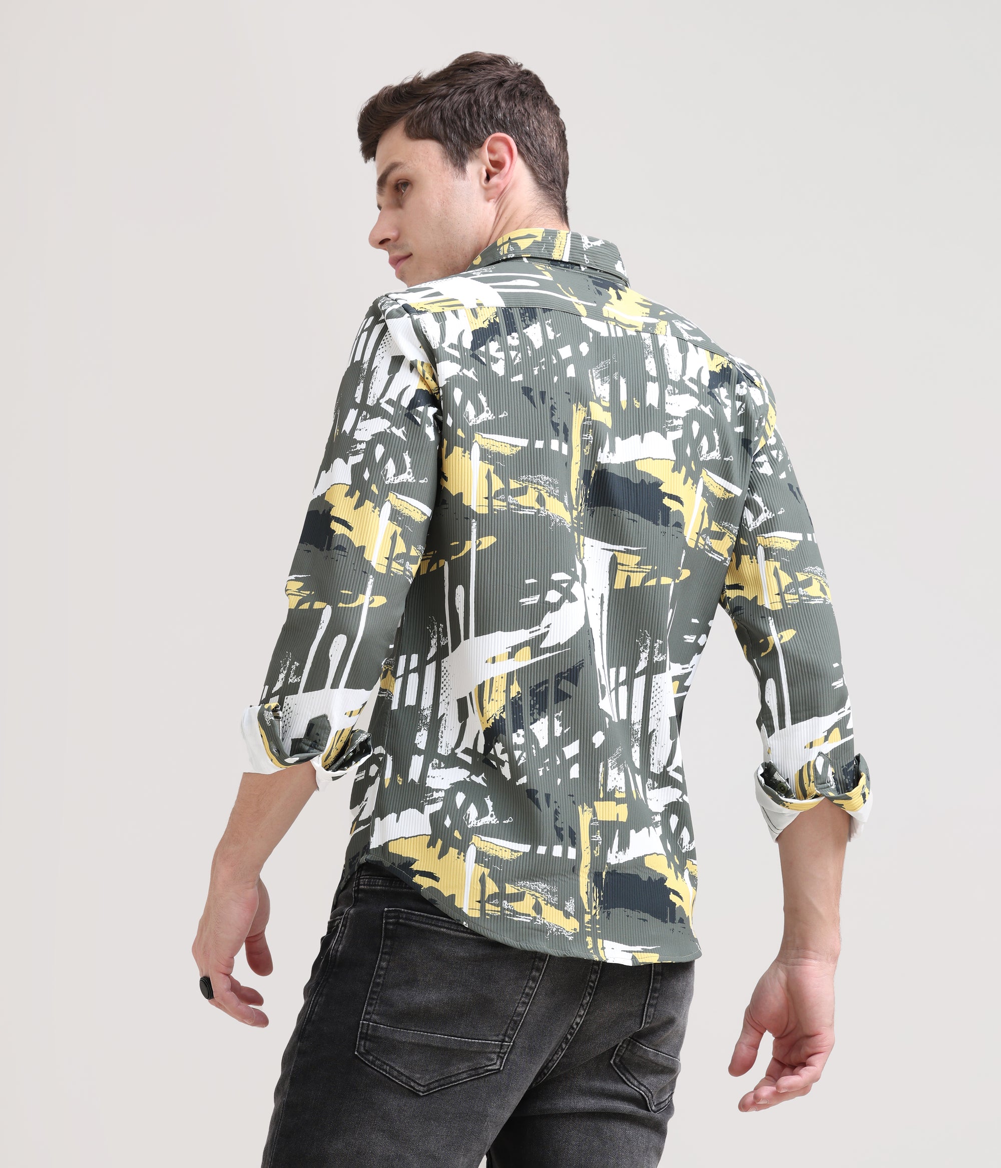 Olive Oasis: Printed Tapered Fit Full Sleeve Shirt