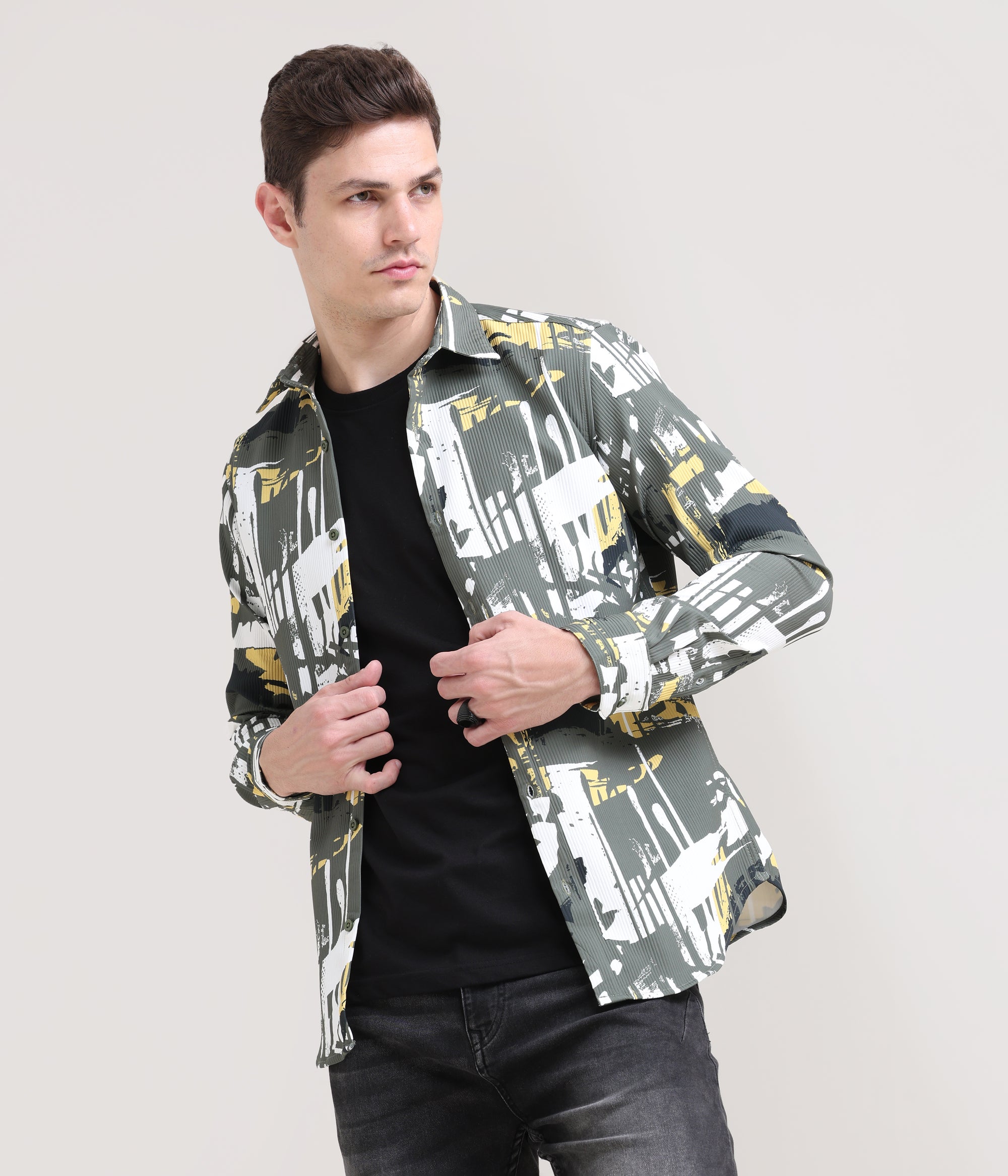 Olive Oasis: Printed Tapered Fit Full Sleeve Shirt