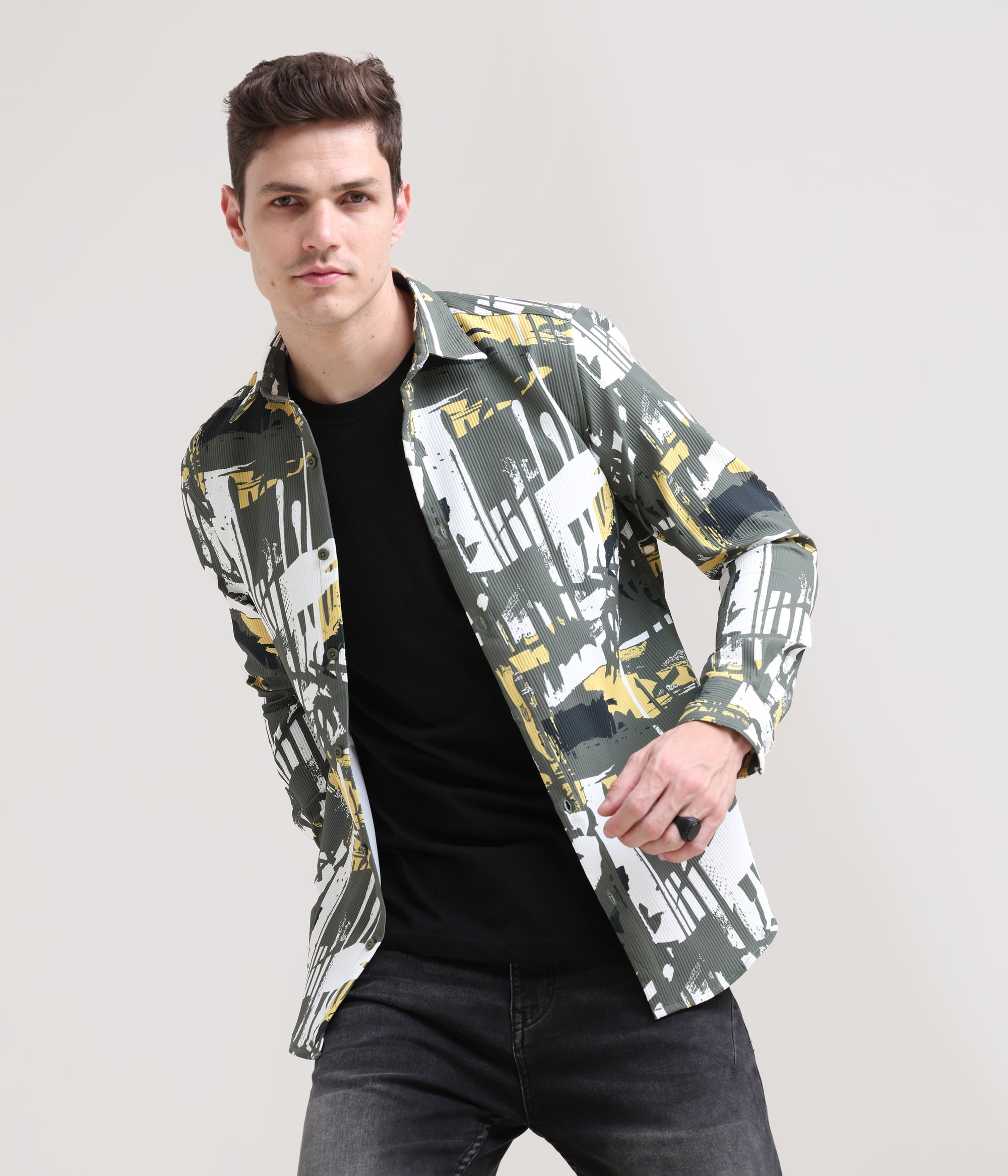 Olive Oasis: Printed Tapered Fit Full Sleeve Shirt