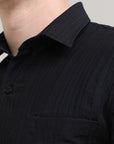 Night Shadow: Solid Black Oversized Half Sleeve Double Pocket Shirt