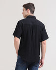 Night Shadow: Solid Black Oversized Half Sleeve Double Pocket Shirt