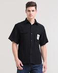 Night Shadow: Solid Black Oversized Half Sleeve Double Pocket Shirt