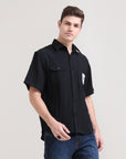 Night Shadow: Solid Black Oversized Half Sleeve Double Pocket Shirt