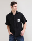 Night Shadow: Solid Black Oversized Half Sleeve Double Pocket Shirt