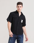 Night Shadow: Solid Black Oversized Half Sleeve Double Pocket Shirt