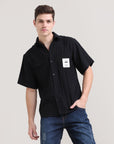 Night Shadow: Solid Black Oversized Half Sleeve Double Pocket Shirt